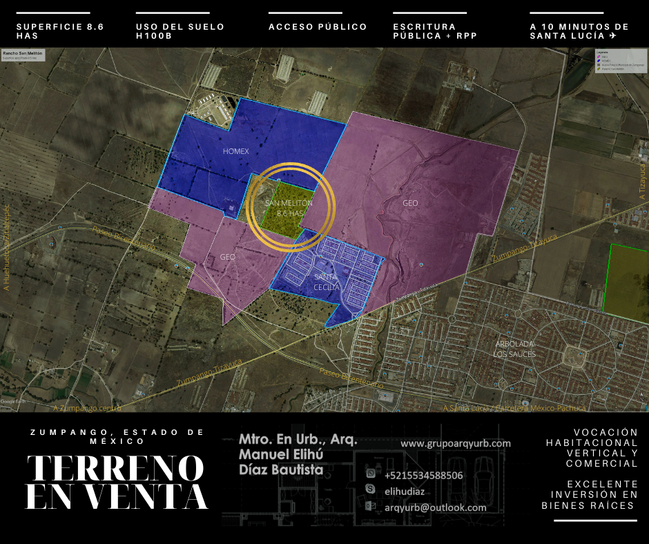 En Rancho San Melitón participé en la evaluación territorial y la promoción de una reserva de 86,168.93 m², aproximadamente 8.62 hectáreas, en el entorno de crecimiento de Zumpango. El terreno se encontraba en breña, con cultivo de nopaleras, acceso público y proximidad a desarrollos habitacionales identificados en el plano.
Durante aquella promoción manejamos el perímetro de contención urbana U3, el uso del suelo H100B y una capacidad de 861 viviendas con un máximo de cinco niveles. La superficie y el número de viviendas debían leerse junto con la estructura de accesos y el contexto urbano; la altura máxima no multiplicaba por cinco la capacidad total indicada.
El precio solicitado era de $350 MXN por m². Sobre 86,168.93 m² equivalía a $30,159,125.50 MXN. Se planteó un esquema de 15% a la firma del contrato, 15% a la escritura y 70% en mensualidades. La presentación señalaba escritura pública inscrita en el Registro Público de la Propiedad y una referencia de diez minutos a Santa Lucía. Ese esquema financiero formó parte del escenario comercial que evalué durante aquella intervención.