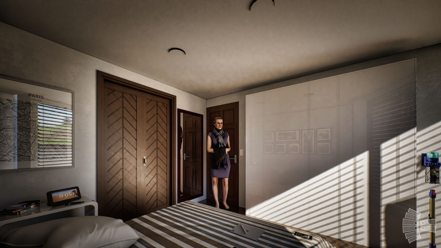 Vestidor con estanterías abiertas, acabados en madera cálida e iluminación funcional.