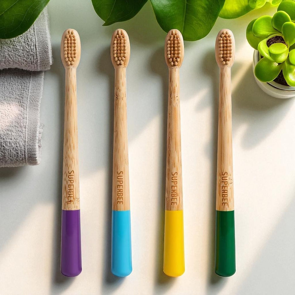 Close-up view of reusable bamboo toothbrush on a wooden surface