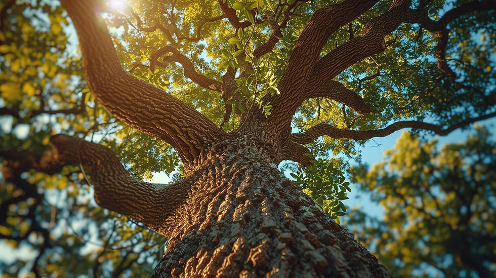 Majestic old oak tree with textured bark and sprawling branches, bathed in sunlight filter