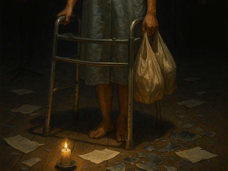 A dark theater stage lit by a single harsh spotlight. A figure stands at the center—not performing, just existing. They are not dressed for the stage: hospital gown, grocery bags, maybe a walker beside them. The audience is faceless—shadows with cameras, microphones, pointing fingers. The figure’s face is turned slightly away, caught between exposure and resistance. On the floor: papers with headlines, torn diary pages, and broken mirrors. A single candle burns at their feet, untouched by the blinding light above