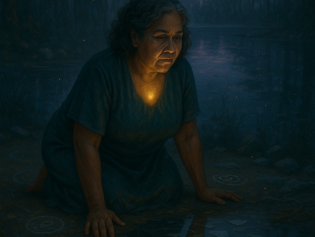 A dreamlike landscape at twilight. A woman kneels beside a still, dark lake, her reflection fragmented into constellations and shattered mirrors. In the background: ghostlike silhouettes of her past selves, watching in silence. Her throat glows with golden light—like a sealed keyhole finally unlocking. Around her, symbols drawn in ash and salt whisper into the wind. The trees around her lean in as if listening. This is not performance. This is ritual