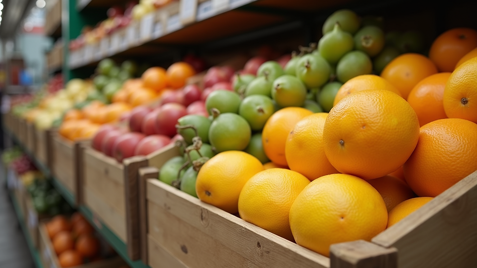 Close-up view of fresh fruits in a wooden crate at a local supplier