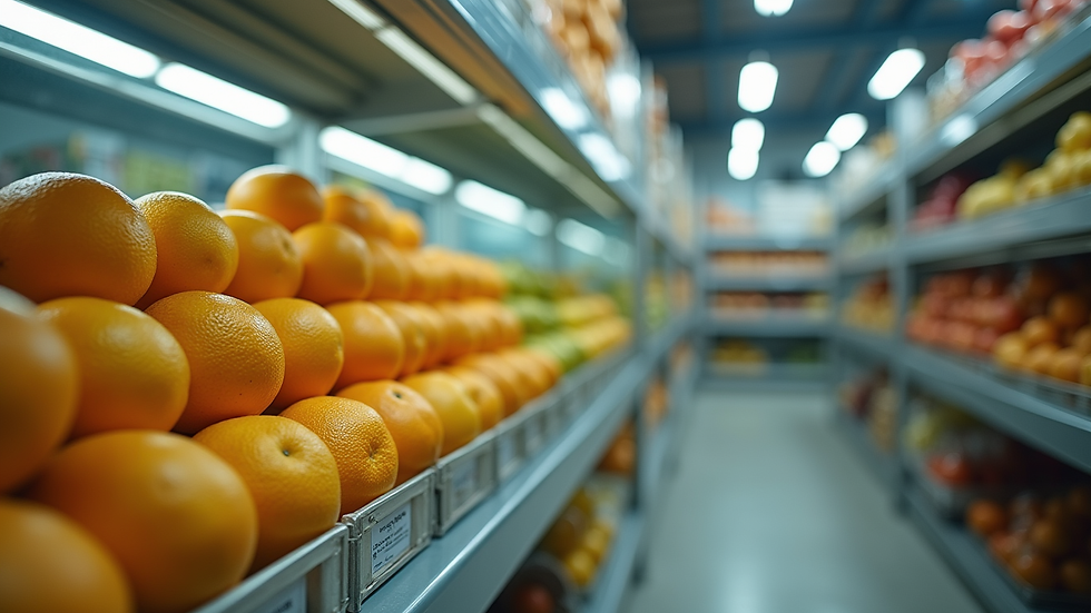 Close-up view of refrigerated storage room with imported fruits stacked neatly