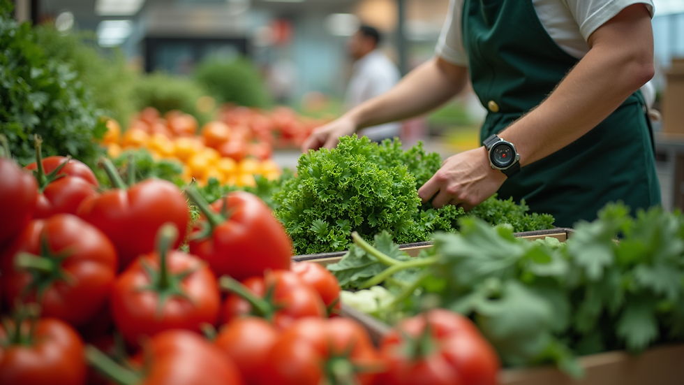 Close-up view of fresh vegetables being packed for delivery