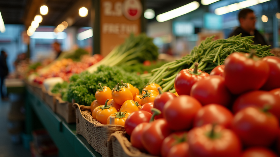 Eye-level view of fresh vegetables displayed in a market stall