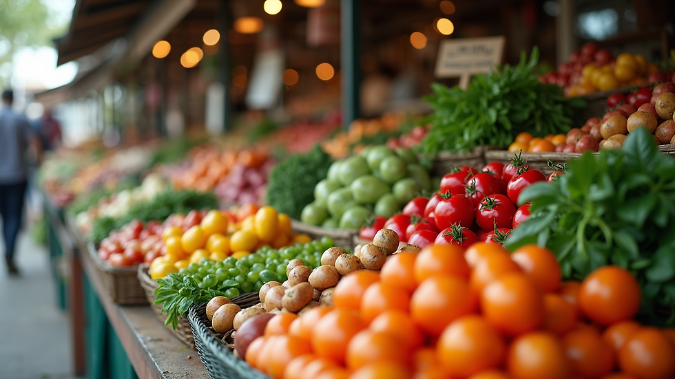 Wide angle view of diverse agricultural produce at a local market
