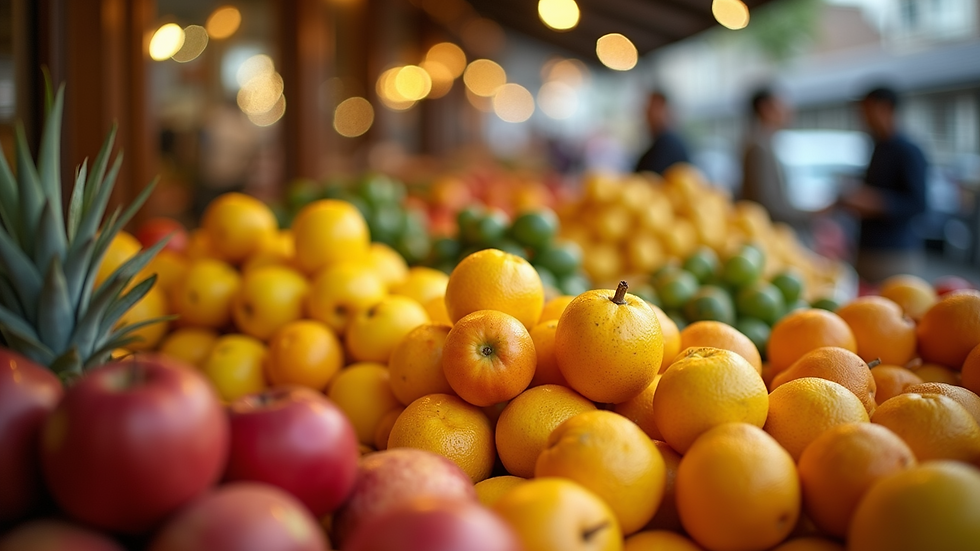 High angle view of fruit stand with fresh tropical fruits