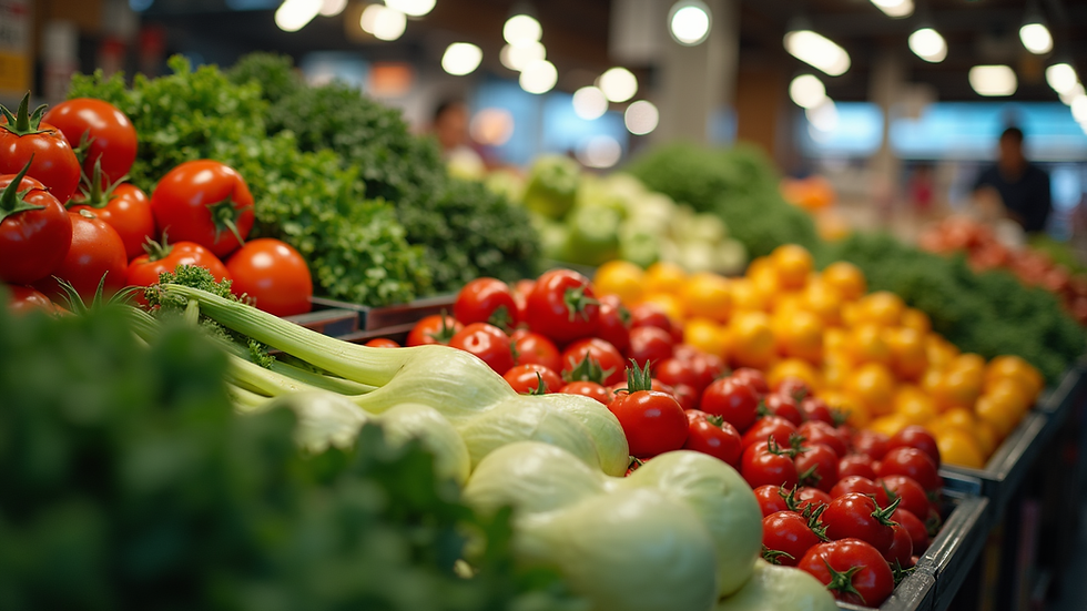 Eye-level view of fresh assorted vegetables in a market stall