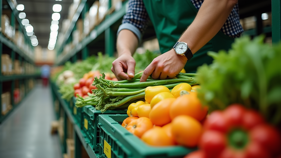 Close-up view of fresh vegetables being inspected at a supplier warehouse
