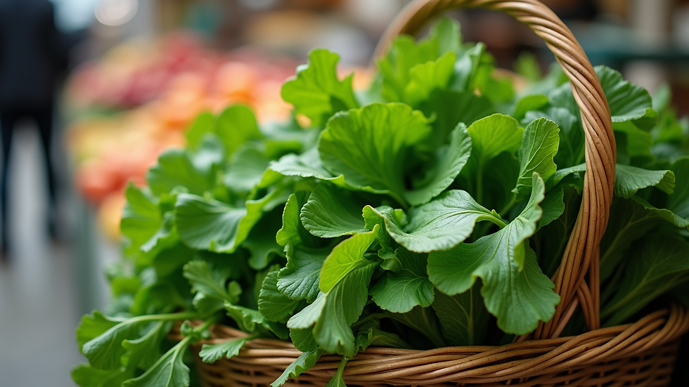 Close-up view of fresh green leafy vegetables in a market basket