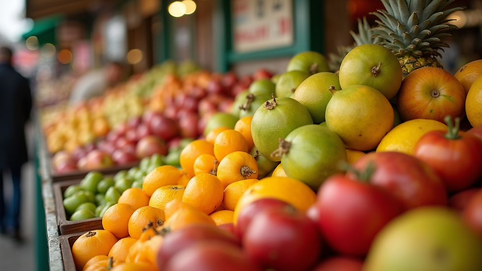 Close-up view of assorted fresh fruits in a market display