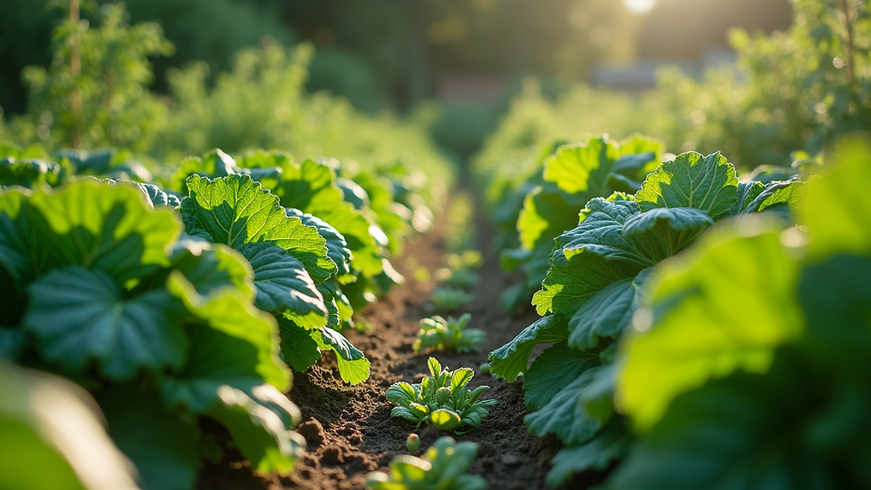 Wide angle view of a vegetable garden with various greens