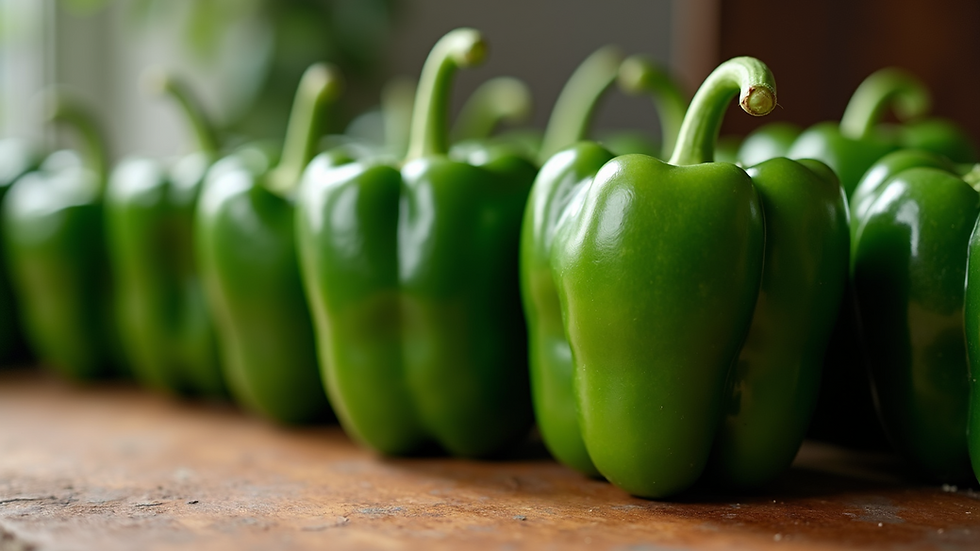 Close-up view of fresh green bell peppers on a wooden table
