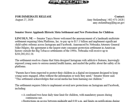 Senator Storers Applauds Historic Meta Settlement and New Protections for Children
