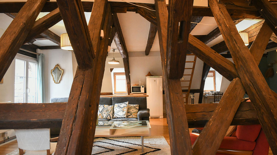 Salon confortable d’un gîte spacieux à Colmar, alliant charme alsacien et modernité