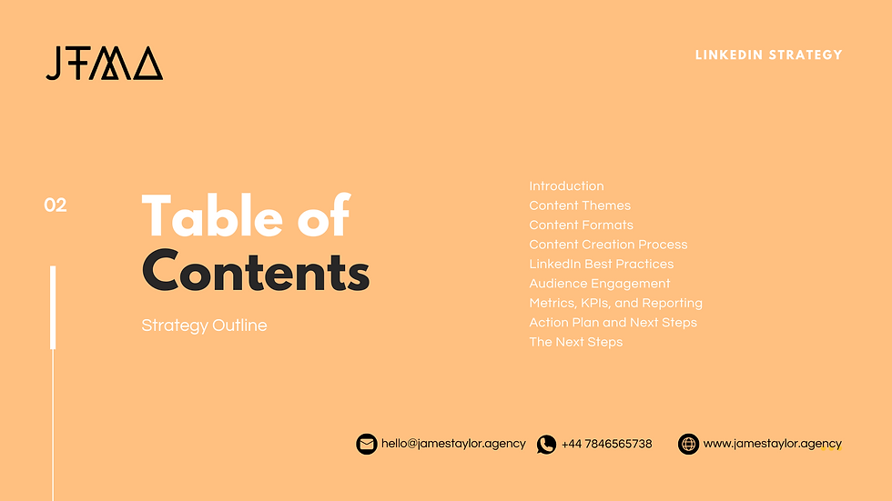 A table of contents for a LinkedIn strategy presentation