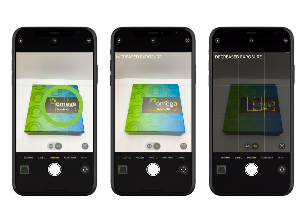 A screenshot of focusing on the photo subject and increasing/decreasing exposure on the iPhone camera app.