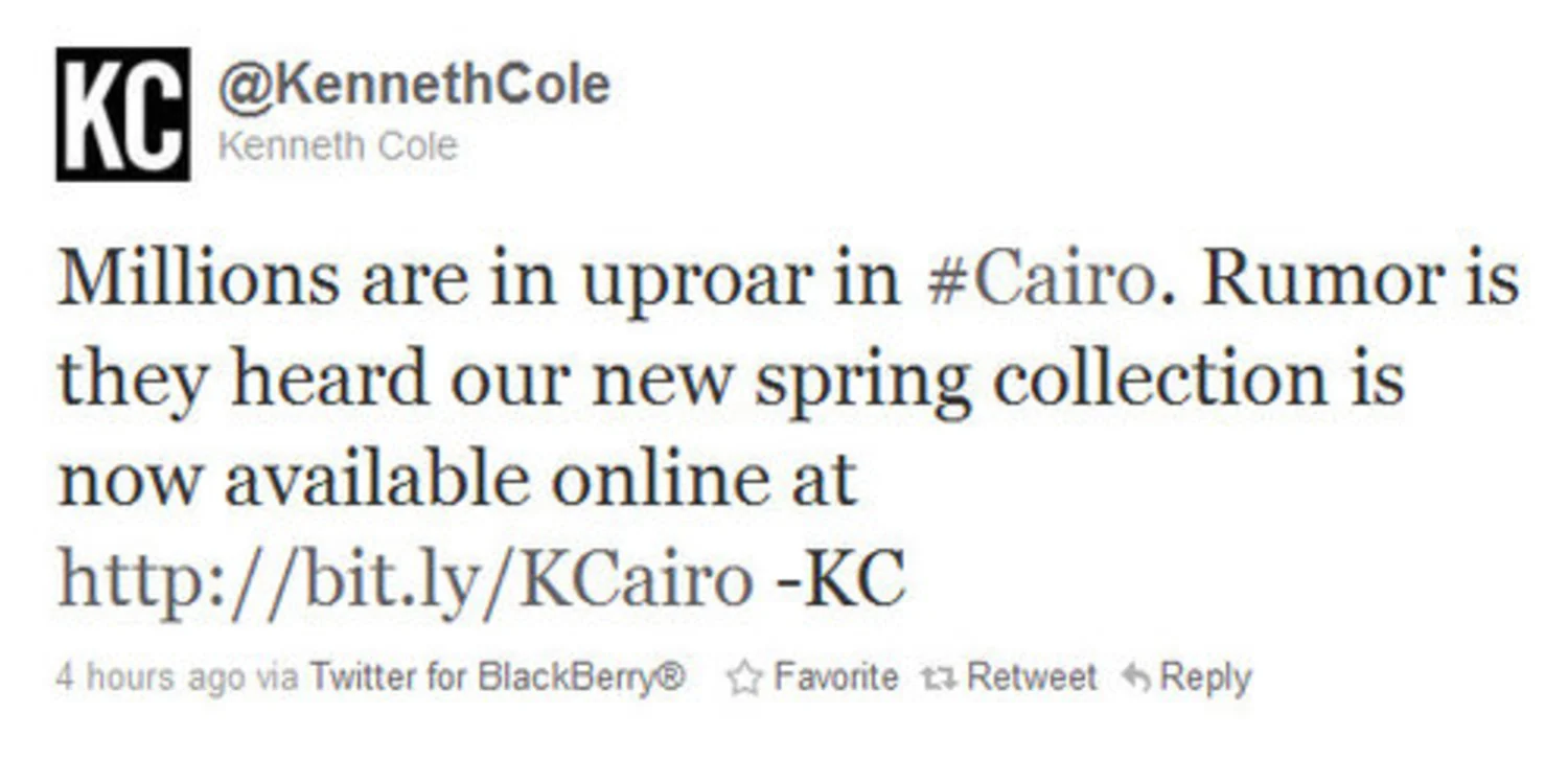 Kenneth Cole insensitive Cairo tweet to promote fashion brand.