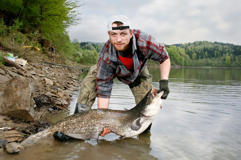 A man holding up a catfish after catching it with his bare hands and no fishing gear.