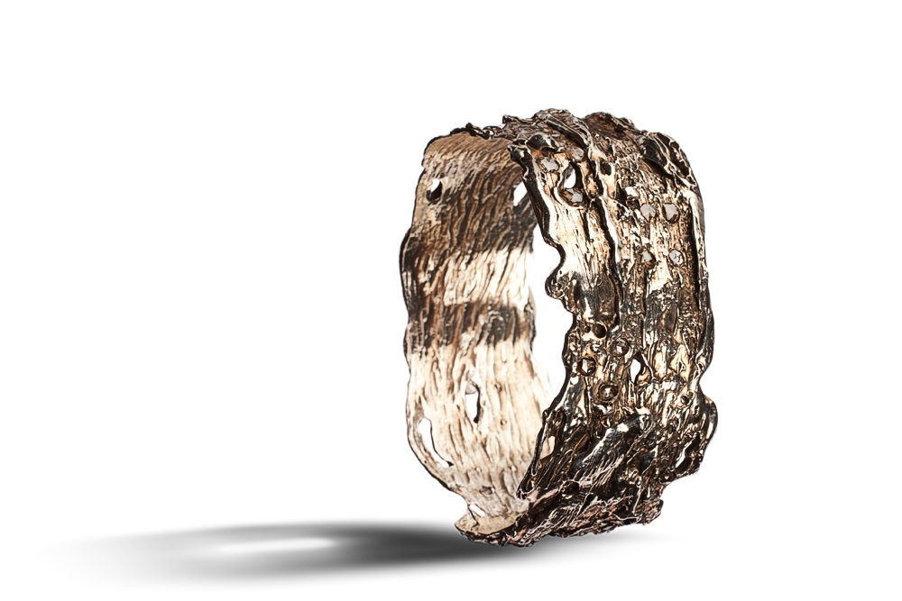 Sterling Silver Bangle Brushed with Rose Gold and Diamonds