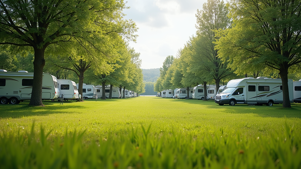 Wide angle view of a peaceful RV park with green grass and trees