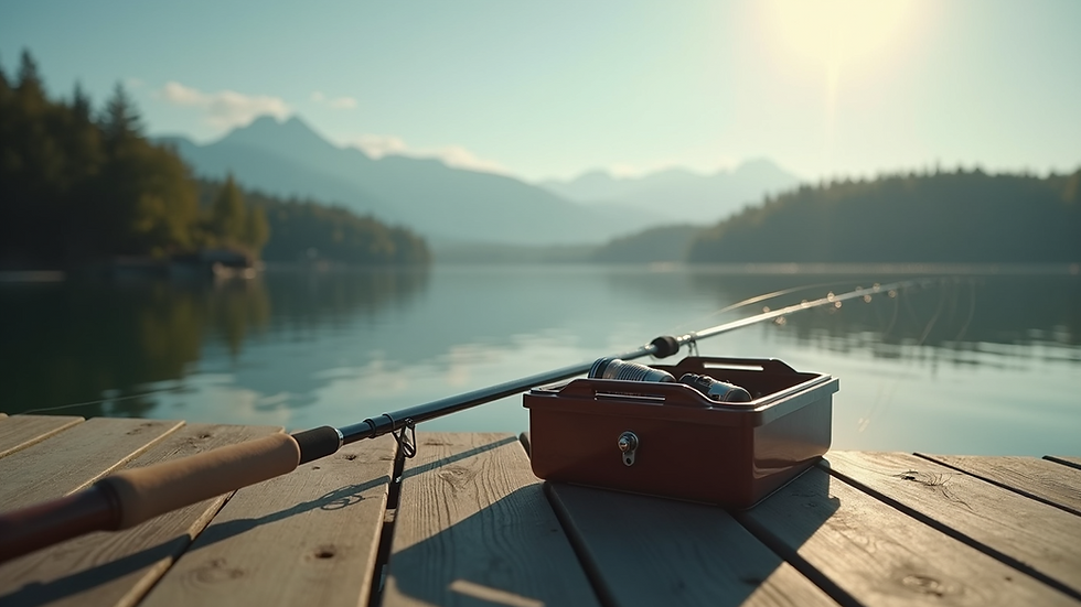 Eye-level view of fishing rod and tackle box on a wooden dock