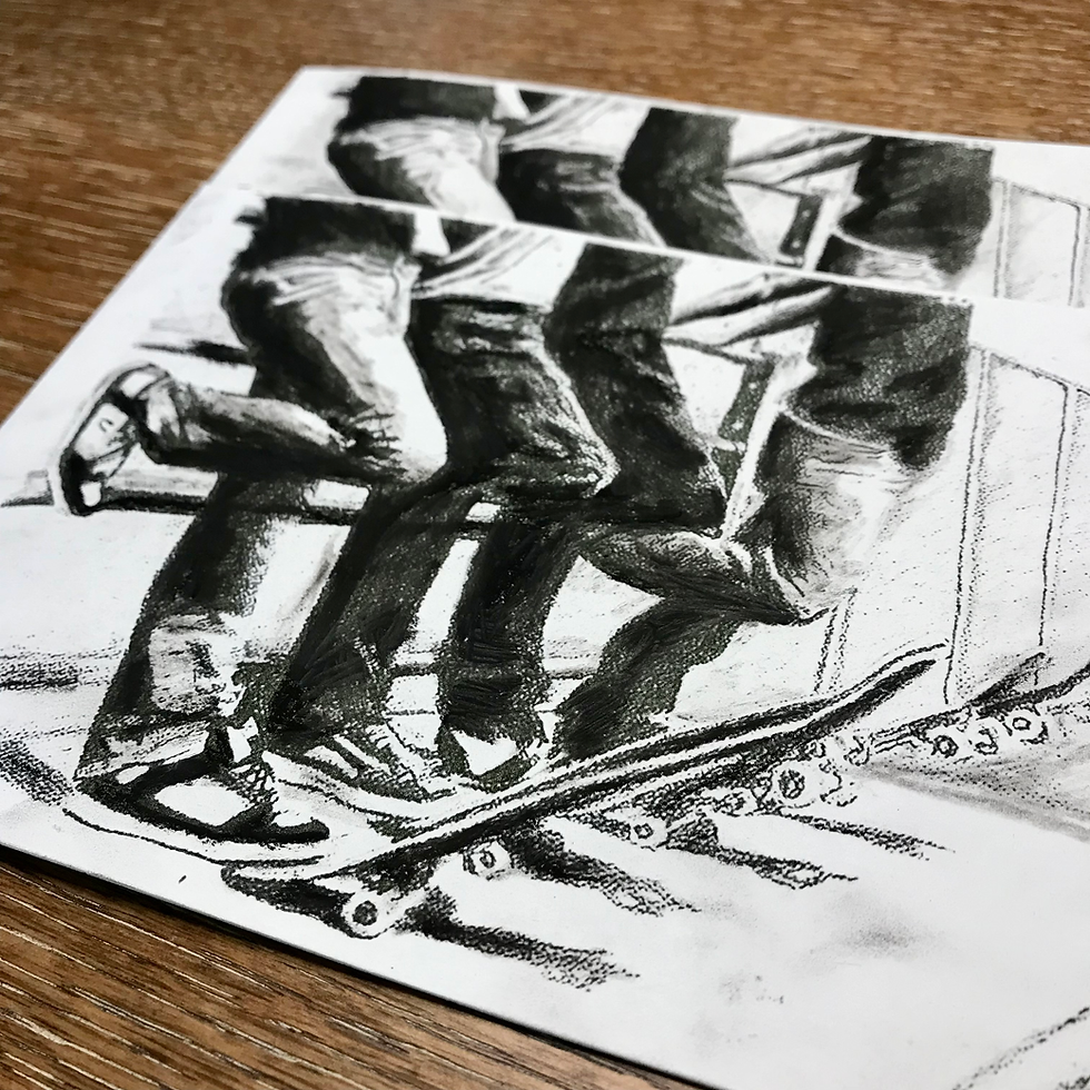 Thumbnail: Artist adding hand-drawn charcoal elements to skateboard art print