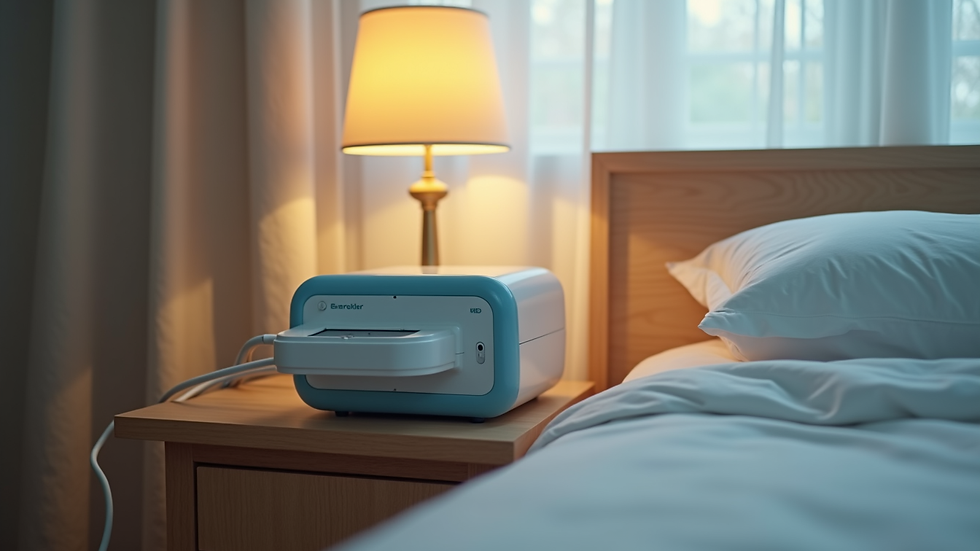 Eye-level view of a CPAP machine on a bedside table