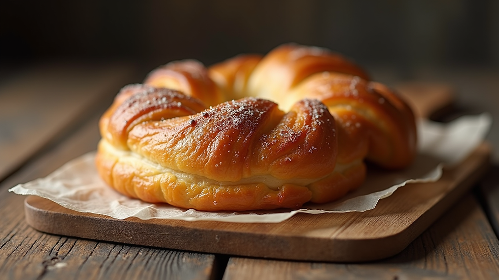 Close-up of a golden Kouign-Amann pastry on a rustic wooden table