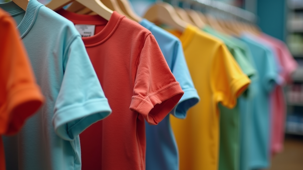 Eye-level view of colorful kids' t-shirts hanging on a rack