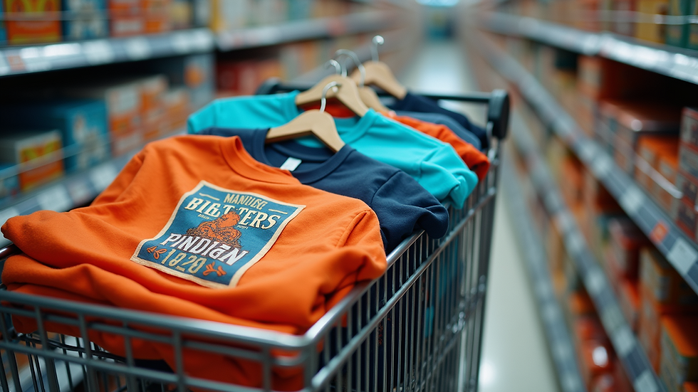 High angle view of a shopping cart filled with colorful graphic tees