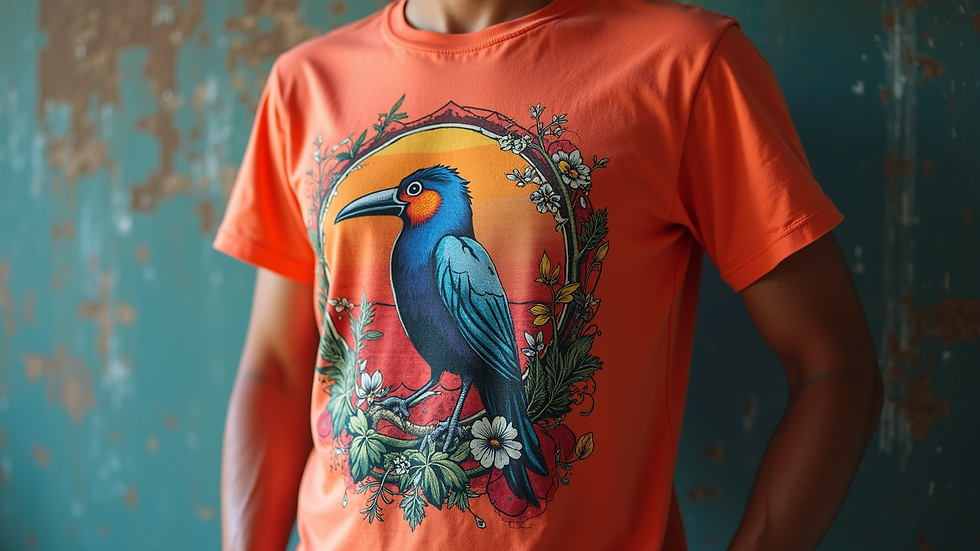Close-up of a vibrant graphic tee featuring a wildlife design
