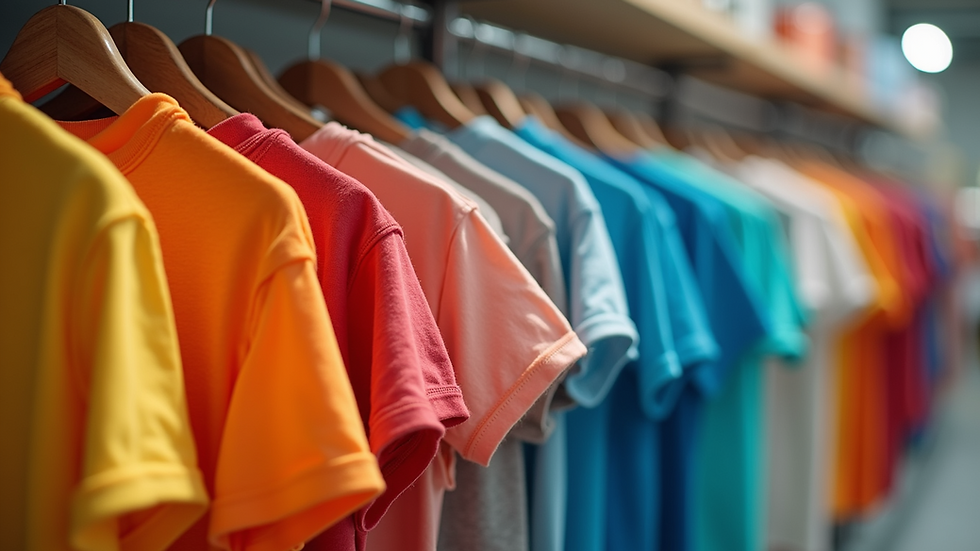 Eye-level view of colorful kids' graphic tees displayed on hangers