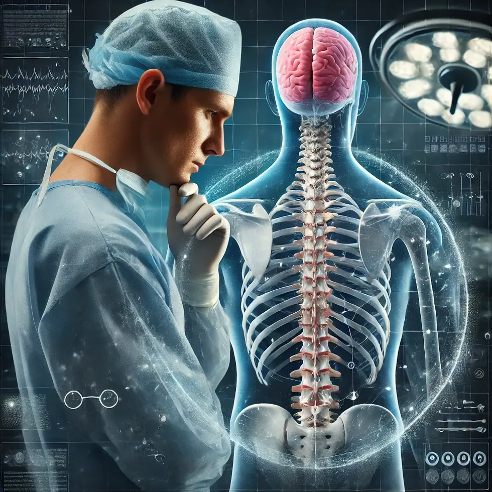 Un médico vestido de azul observa un holograma de una columna vertebral humana con un cerebro rosa. Fondo: sala de cirugía y gráficos.