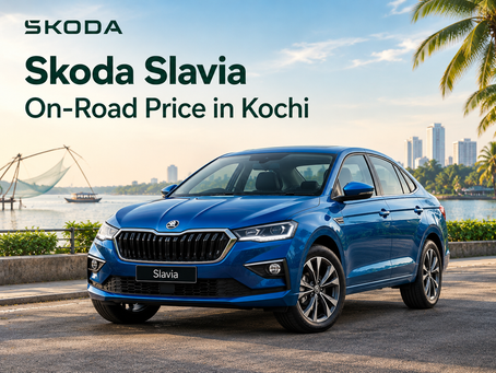 Škoda Slavia sedan on a scenic Kochi waterfront.