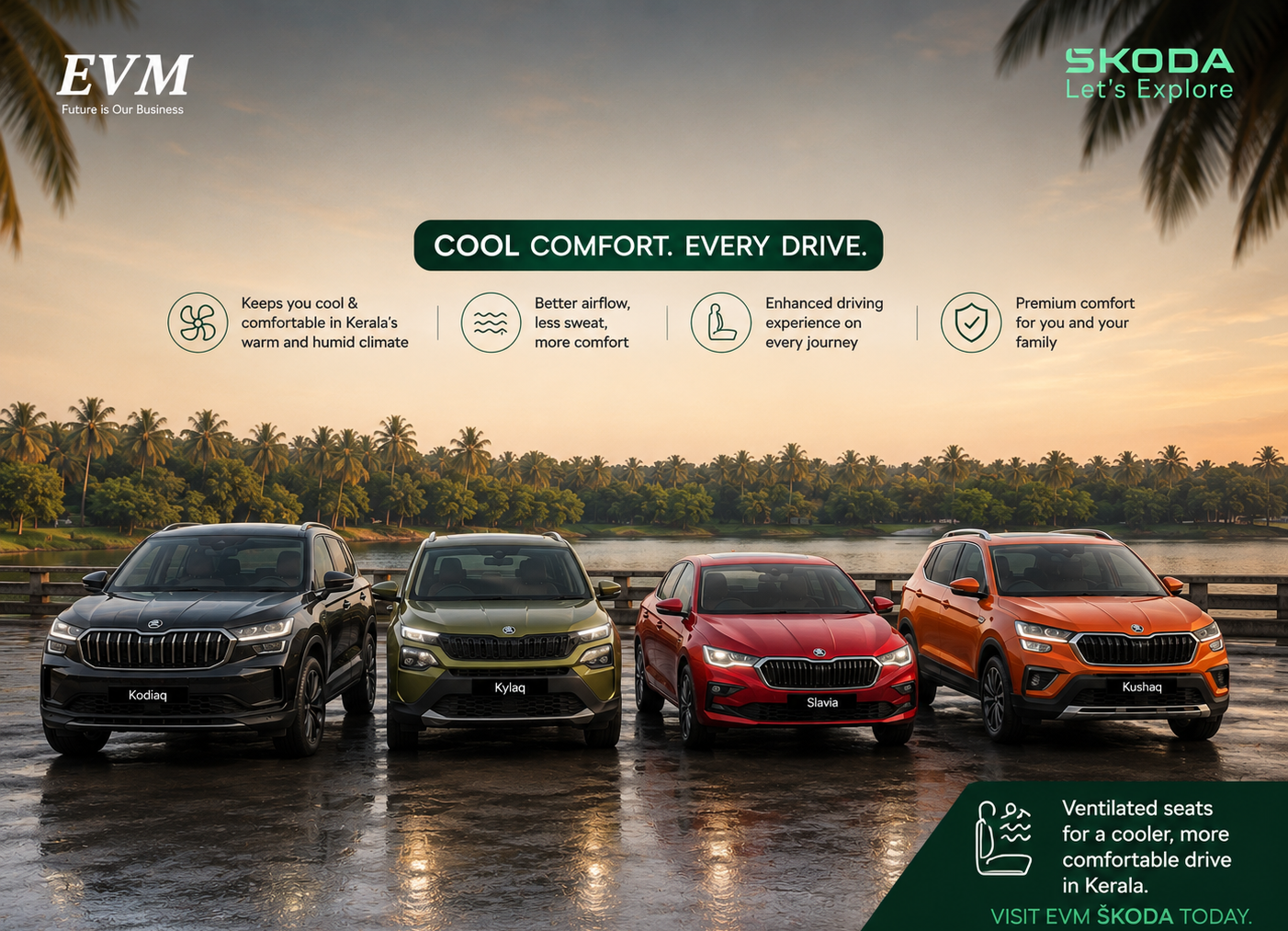 EVM Skoda showcases Kodiaq, Kylaq, Slavia and Kushaq with ventilated seats for enhanced comfort in Kerala’s warm climate.