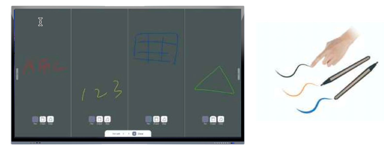 Innovative Interactive Display offering a superior writing experience with 40-point touch functionality, multi-color and variable thickness writing tools, intuitive hand-gesture erasing, and efficient split-screen multi-tasking capabilities for enhanced productivity.