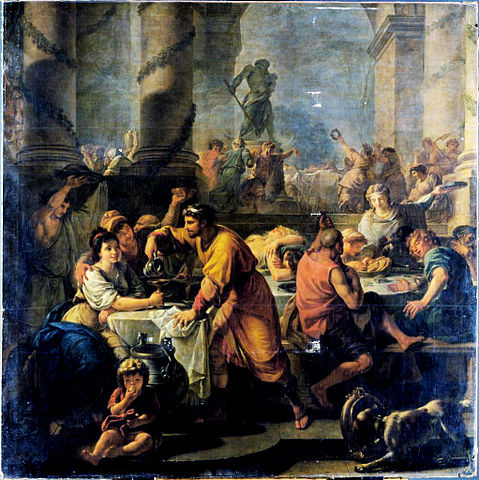Colourful picture of lots of people celebrating Saturnalia in colourful dress