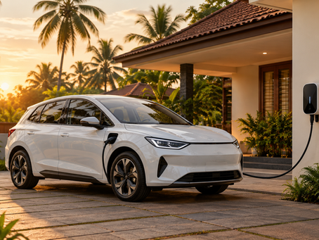 Electric car charging at a home parking spot in Kerala with coconut palms in the background