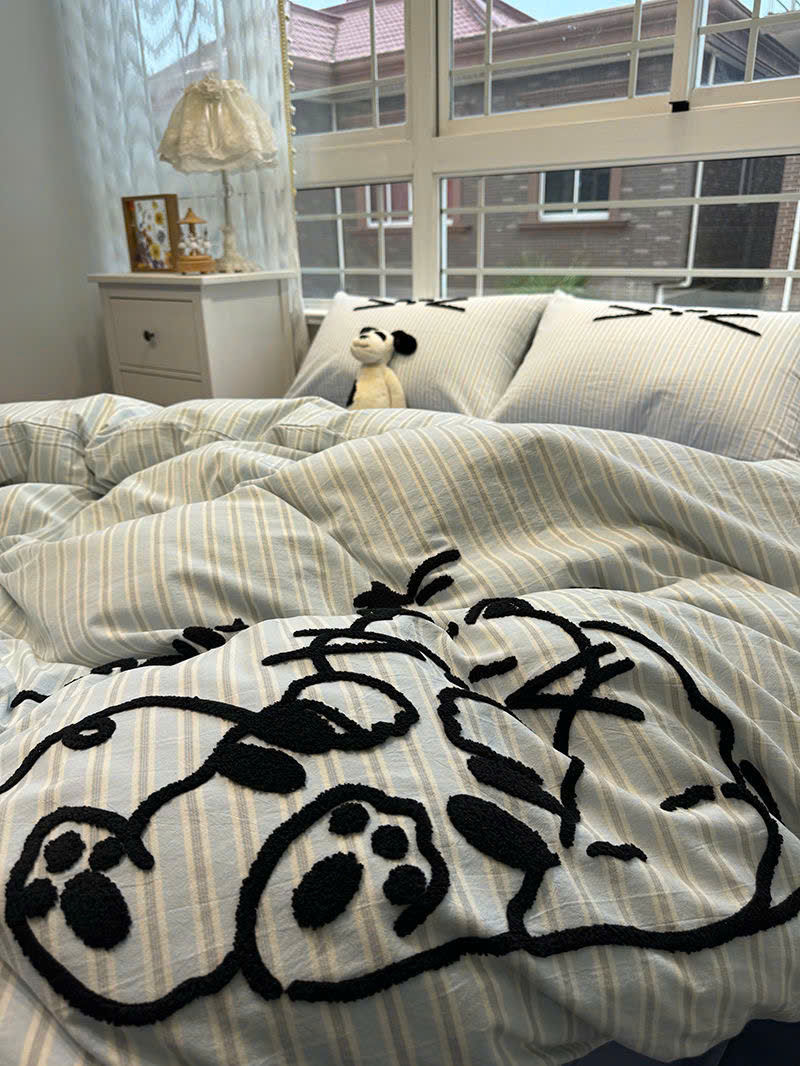 Hình thu nhỏ: Bộ Chăn Ga Gối Cotton Thêu Hình Mèo Lười Dễ Thương
