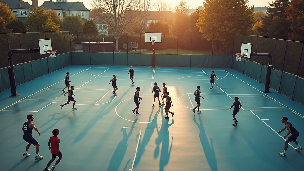 High angle view of basketball court with players running drills during training session