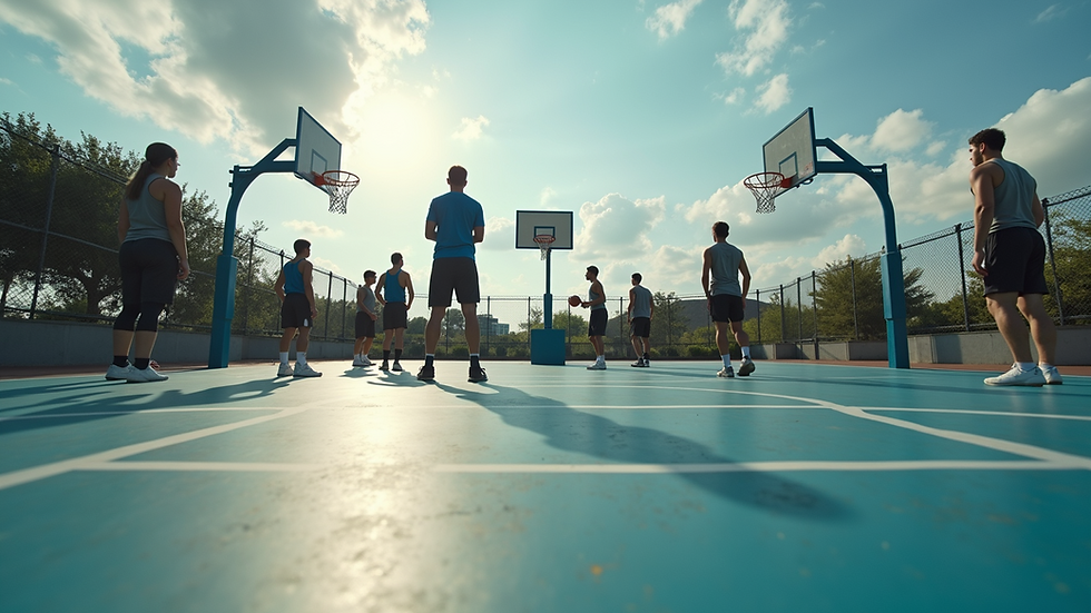 Eye-level view of basketball court with players practicing shooting drills