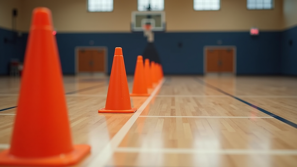 Close-up view of basketball and training cones on a hardwood floor