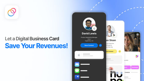 Digital business card mockup showing sleek, interactive user profiles with branding and contact buttons, alongside the headline "Transform Your Event Game" — highlighting how a digital business card can modernize real-world networking.