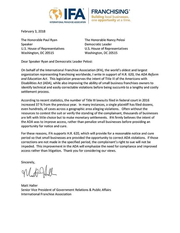 international franchise association letter of support ada lawsuit right to sue letter