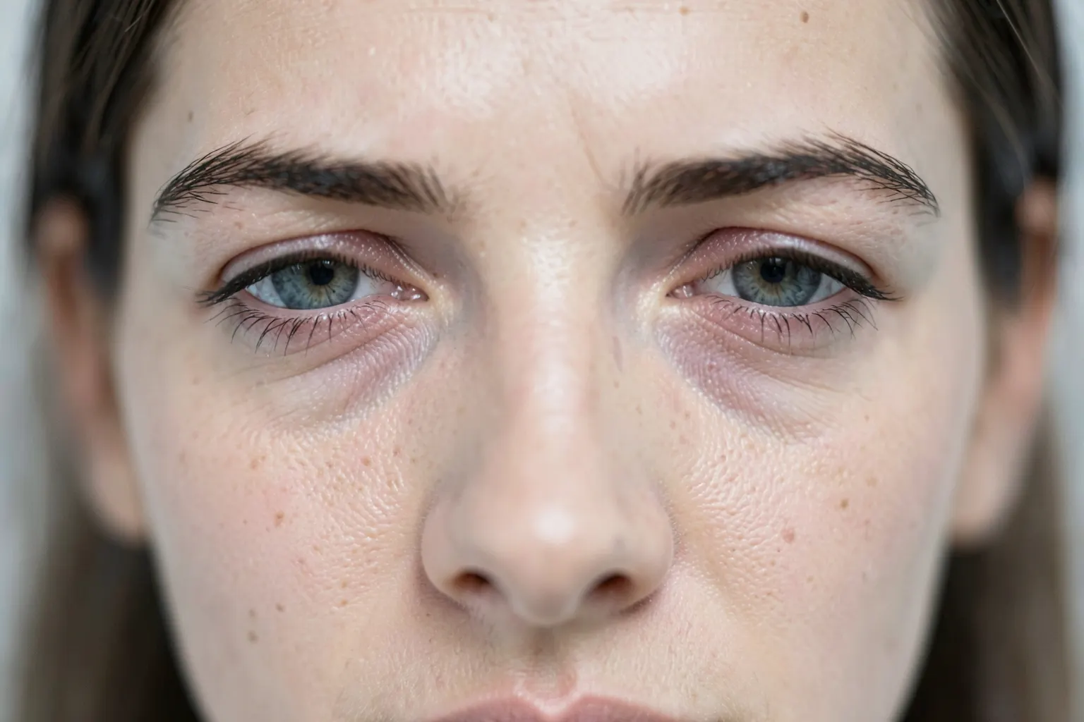 olhos de mulher com pálpebras caídas antes da cirurgia estética de blefaroplastia, close-up em tons de pele clara, luz suave de estúdio vindo de cima, momento de contemplação silenciosa
