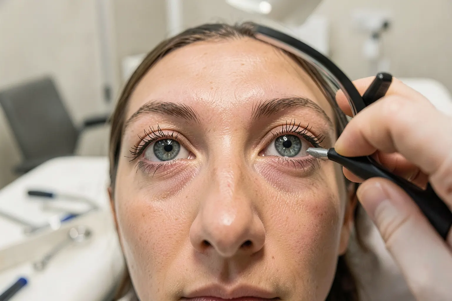 Olhos com pálpebras sendo examinadas por um médico com uma lupa, em um consultório médico.
