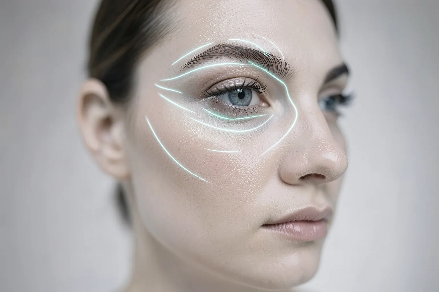 Ilustração de um rosto feminino com linhas de expressão suavizadas e um brilho sutil ao redor dos olhos, simbolizando o efeito da toxina botulínica.