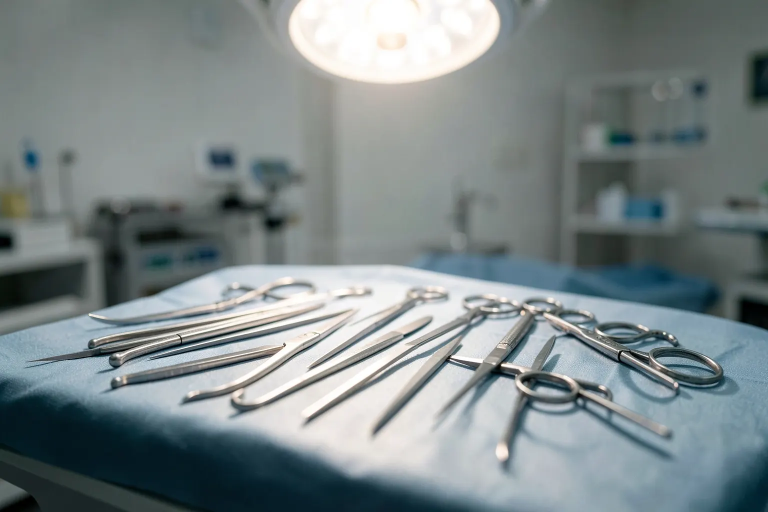 Uma mesa de cirurgia com instrumentos médicos organizados e um foco de luz cirúrgica acima, em um ambiente clínico limpo.